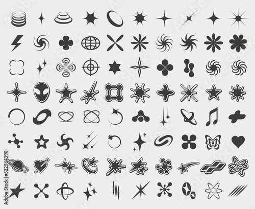 Y2K symbols. Retro star icons  trendy acid rave and graphic elements for posters and streetwear fashion design vector set