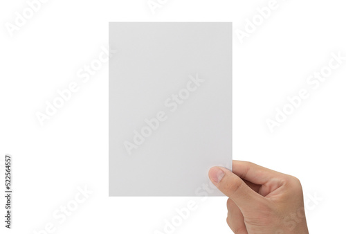 Hand holding blank paper, Greeting card mockup.