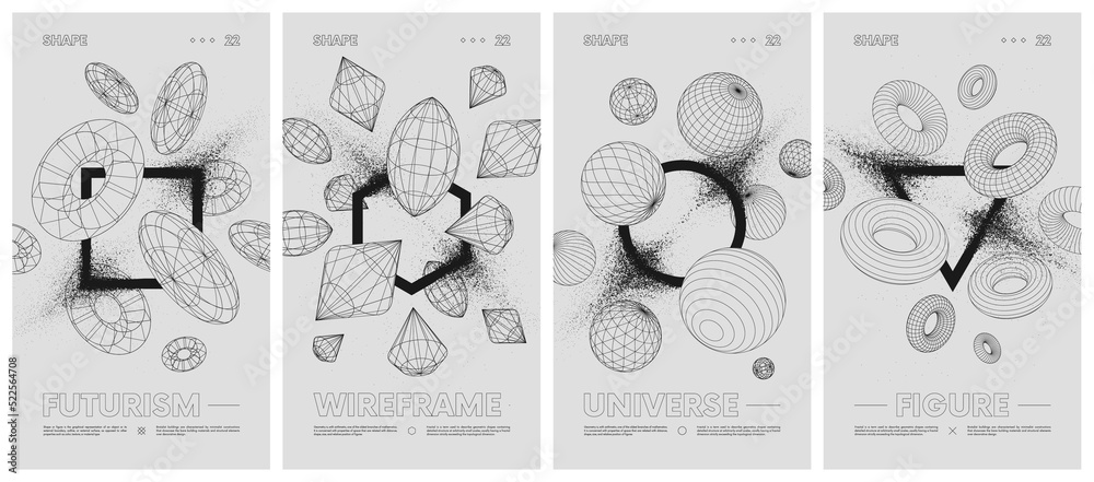 Geometric shapes with particle spray effect, Wireframes strange geometrical figures, contemporary composition artwork abstract vector set posters