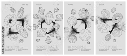 Geometric shapes with particle spray effect, Wireframes strange geometrical figures, contemporary composition artwork abstract vector set posters