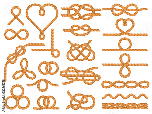 Nautical rope knots. Nautical knot ornaments, yacht style dividers and marine ropes frame boarder vector decoration set