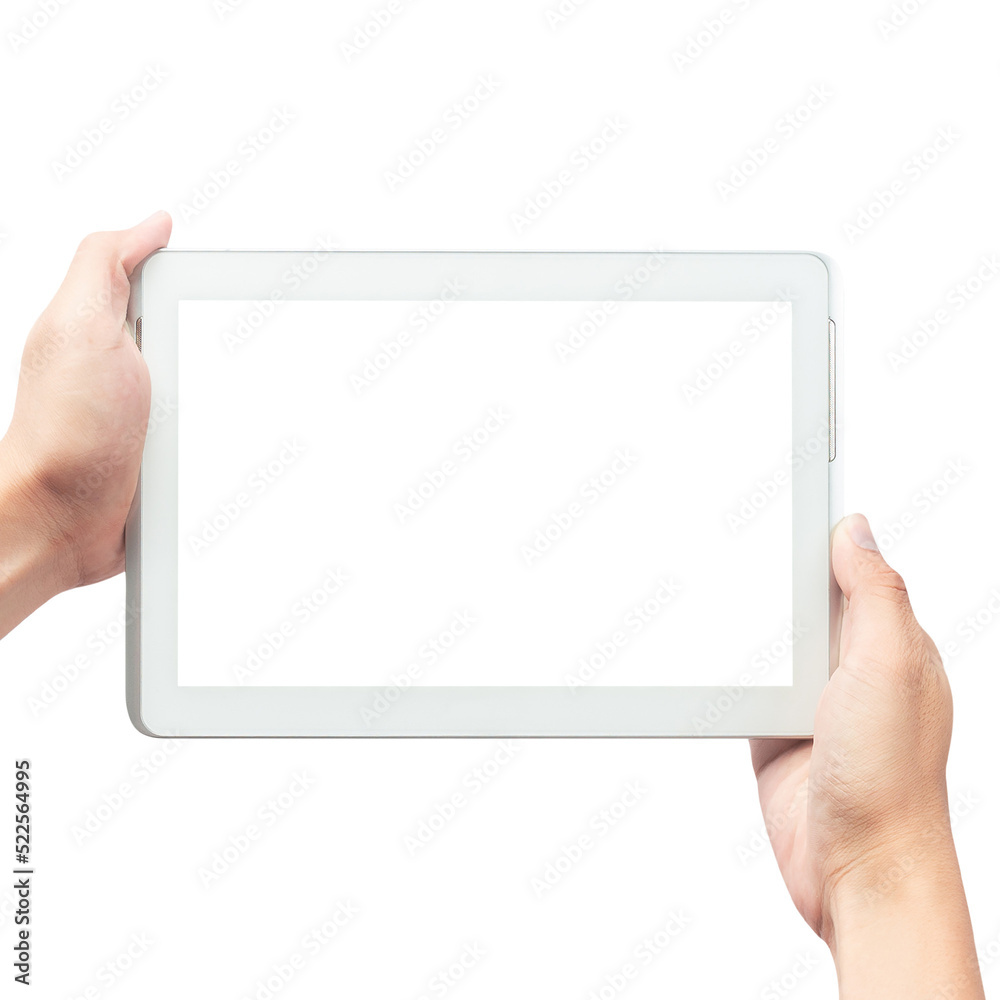 Hand holding tablet computer with screen mockup. Hand holding tablet computer with screen mockup.