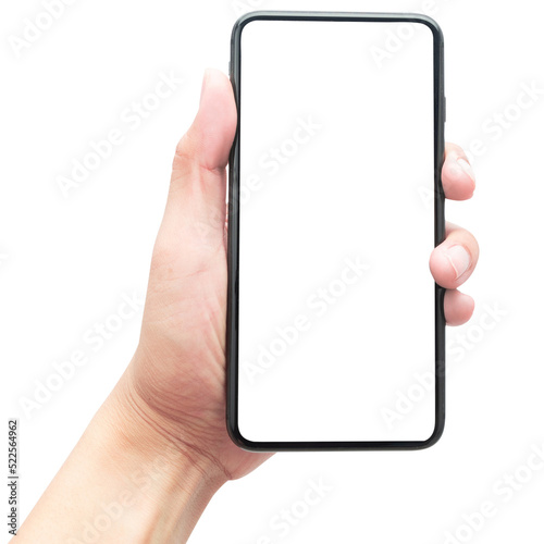 Hand holding smartphone with screen mockup.