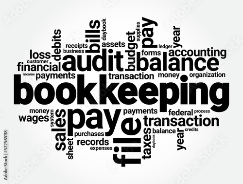 Bookkeeping is the recording of financial transactions, and is part of the process of accounting in business, word cloud concept background