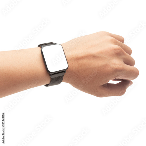 Hand wearing smart watch with screen mockup.