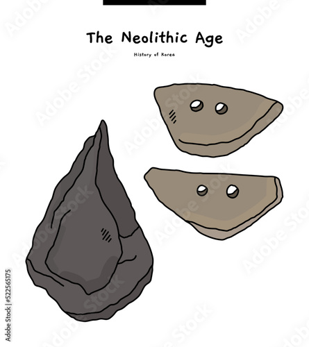 This sketch depicts prehistoric artifacts such as  hunting stones, fist axes, half-moon stone knives, and bars.