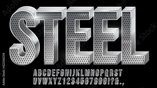 Perforated steel font. Metal typeface, metallic letter and chrome numbers with grid texture vector set