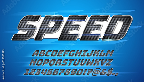 Carbon fiber font. Textured metallic letters, chrome steel alphabet for fast sport style lettering vector set
