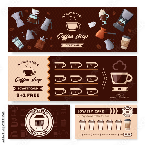 Coffee cafe loyalty card. Collecting stamps coupon, cafe gift bonus and get cup for free voucher vector template