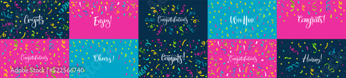 Congratulations banners. Congrats lettering with confetti, enjoy celebration poster and hooray card vector set