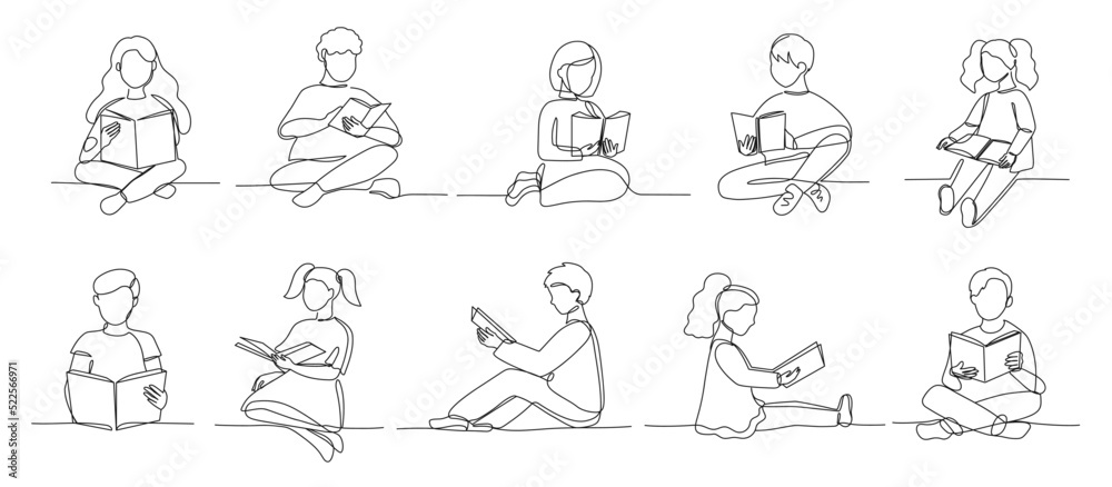 One line children reading books. School kids, child book and young readers continuous line vector Illustration set One line children reading books. School kids, child book and young readers continuous line vector Illustration set