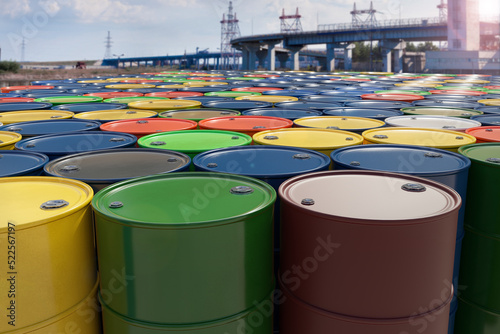 Oil barrels or chemical barrels are located at the base.