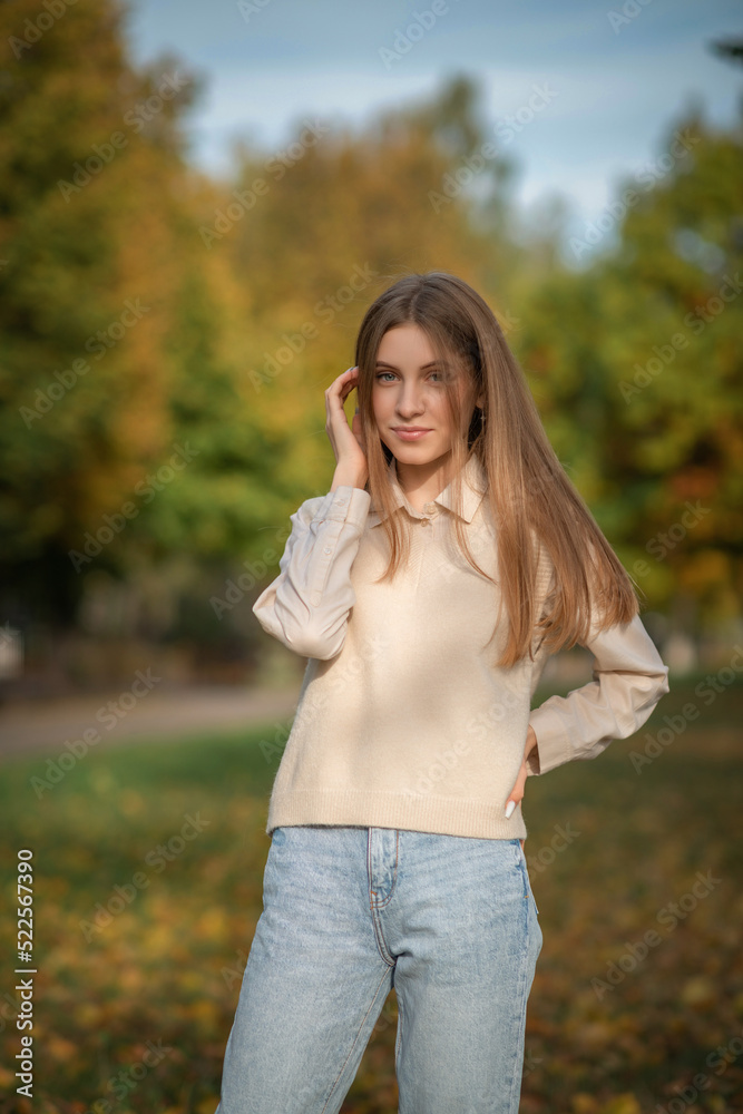 Portrait of a young beautiful girl on an autumn day in the park. There is artistic noise. Portrait of a young beautiful girl on an autumn day in the park. There is artistic noise.