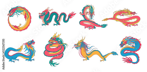 Asian dragons. Chinese mythological creatures, ancient legend animals and ouroboros dragon vector illustration set