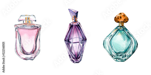 Banner of bottles with parfume watercolor illustration on white background.