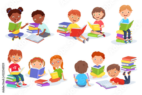Reading kid. Cartoon children read book, literature for kids, boys and girls readers group with piles of books vector set
