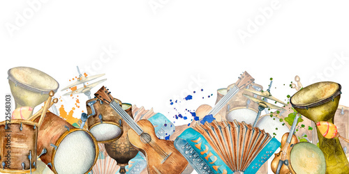 Papier peint Banner of latin musical instruments watercolor illustration isolated