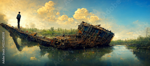 Obraz na plátně A man standing in a river with his shipwreck Digital Art Illustration Painting H