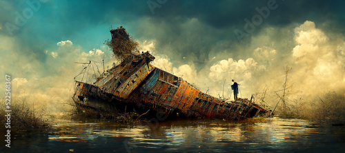 Fotografie, Obraz A man standing in a river with his shipwreck Digital Art Illustration Painting H