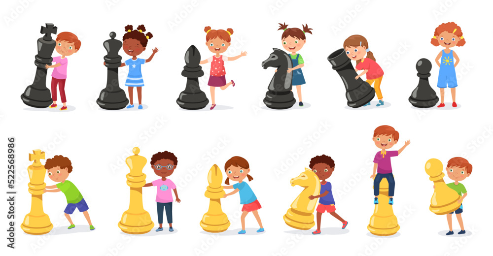 Kids with giant chess figures. Cartoon child playing chess game with huge pawn, horse and king figure vector Illustration set