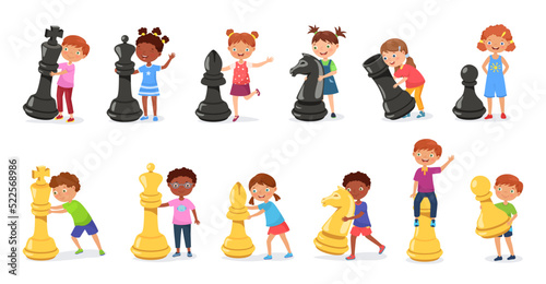 Kids with giant chess figures. Cartoon child playing chess game with huge pawn, horse and king figure vector Illustration set