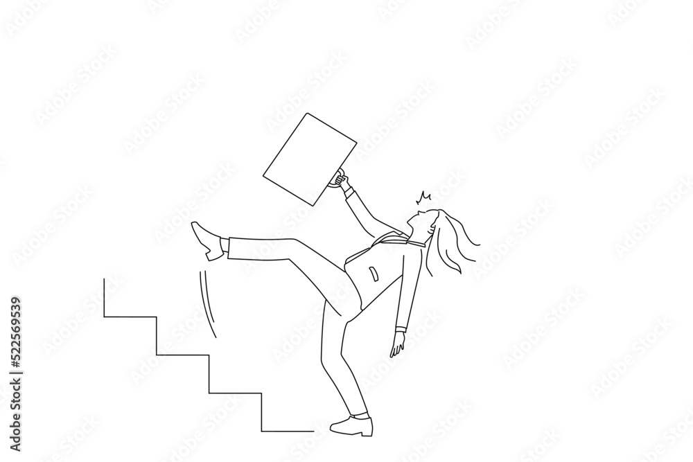Cartoon of stressed businesswoman falling down from ladder stairs. Business crisis and failure concept. Outline drawing style art