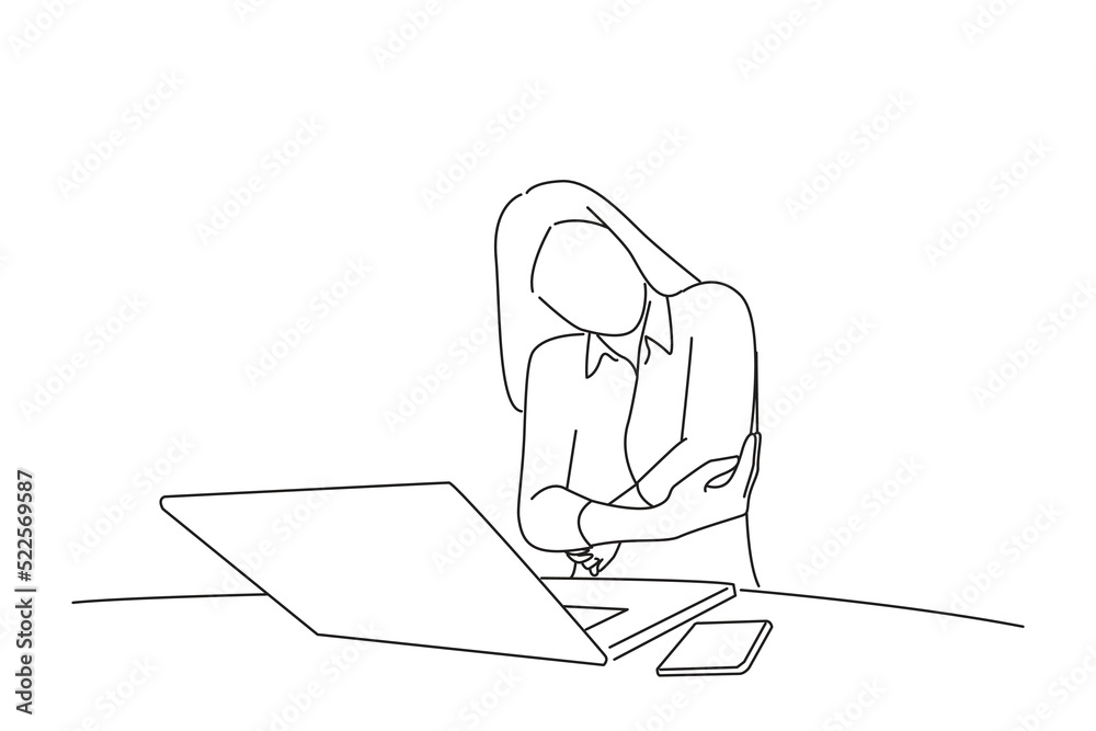 Illustration of stressed woman sitting at home office desk in front of laptop, touching aching elbow with pained expression. line art style