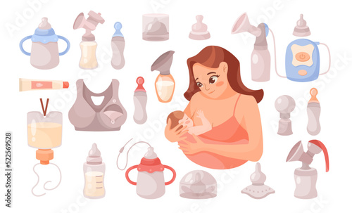 Equipment for breastfeeding vector illustrations set. Cartoon woman feeding baby, devices and bottles for breast milk or formula, breast pump, bra on white background. Breastfeeding, baby care concept
