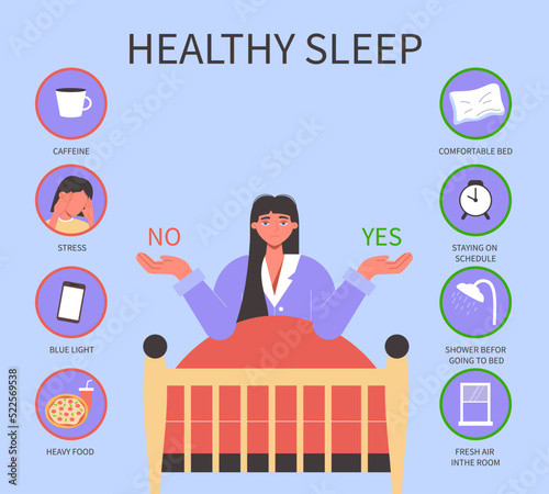 Tips for healthy sleep. Good sleep rules or recommendations, causes of insomnia infographic with tired girl in bed vector illustration