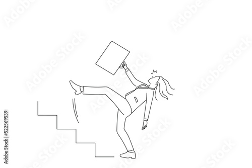 Cartoon of stressed businesswoman falling down from ladder stairs. Business crisis and failure concept. Outline drawing style art