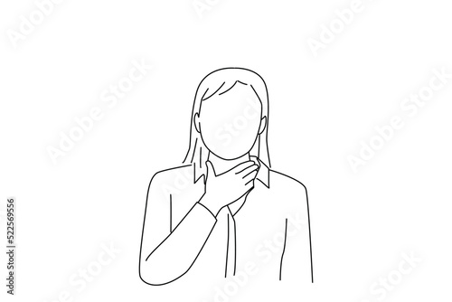 Cartoon of woman worker holding her inflamed throat pain. line art style