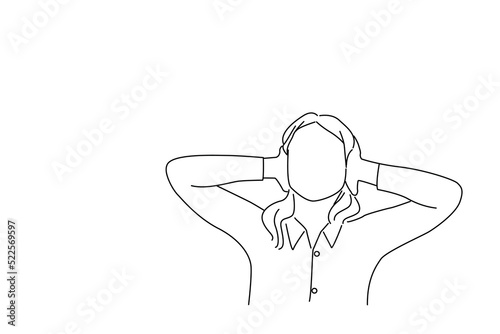 Drawing of unhappy stressed business woman covering her ears looking up stop making loud noise. Outline drawing style art