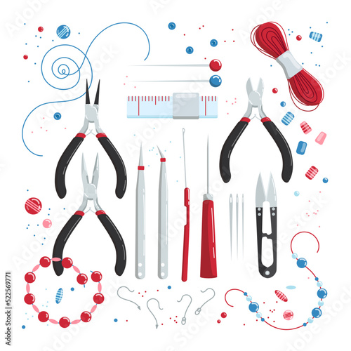 Tools and beads for making jewelry cartoon illustration set. Accessories, threads, scissors and needles for making bracelets, necklaces or earrings. Hobby, DIY, workshop, artwork, creativity concept