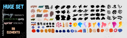 A huge set of hand-drawn elements of grunge brushes, watercolor spots, marker strokes, textures and patterns, graphic elements. Elements for web design and printing, packaging, marketing materials. 