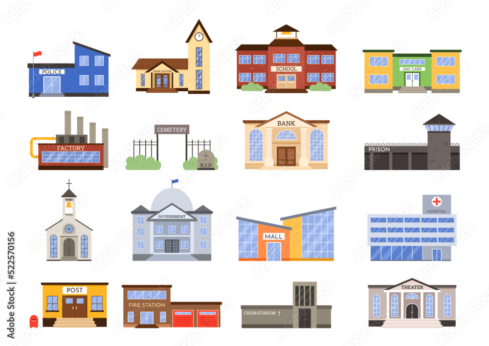 Municipal city buildings. Government building, police and fire station. City bank, town theater and school vector set