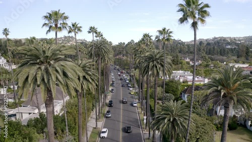 Aerial Forward Slow Motion Shot Of Cars Moving On Road Amidst Trees In City On Hills -  Beverly Hills, California