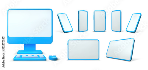 Gadget 3d mockup. Mobile phone, tablet screen and computer monitor with mouse and keyboard vector illustration set