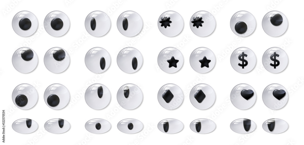 Eyeball of toys set, googly eyes, plastic open eyes of dolls looking up  down left right Stock Vector