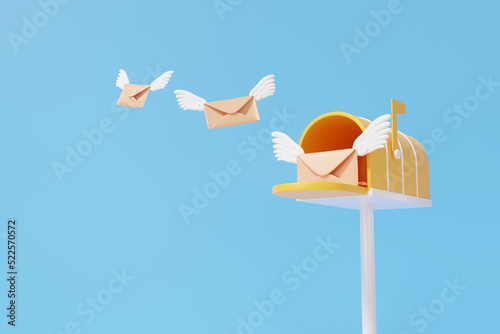 Photography Fly postbox document email wing delivery concept floating on sky blue background, retro mailbox, post office, banner, envelope logistics, Minimal cartoon cute smooth