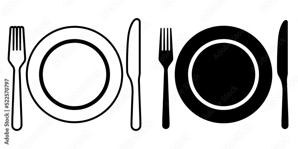 ofvs76 OutlineFilledVectorSign ofvs - cutlery vector icon . isolated transparent - empty plate . fork, knife sign . black outline and filled version . AI 10 / EPS 10 . g11385 - obrazy, fototapety, plakaty 