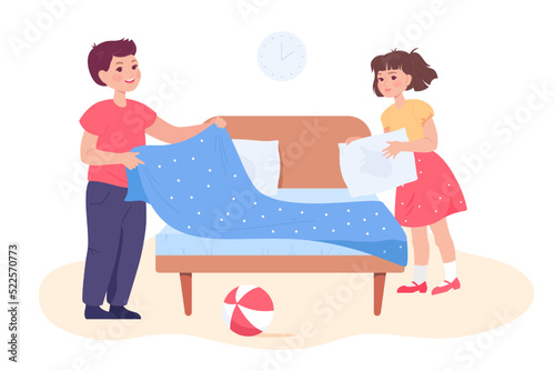 Cute children making bed together. Cartoon kids cleaning bedroom at home, girl holding pillow, boy with blanket flat vector illustration. Childhood, housework concept for banner or landing web page