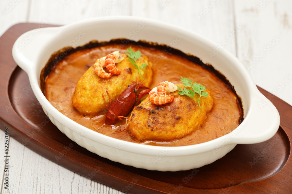 homemade quenelle (fluffy fish dumplings with creamy crayfish sauce ), French Lyonnais cuisine homemade quenelle (fluffy fish dumplings with creamy crayfish sauce ), French Lyonnais cuisine