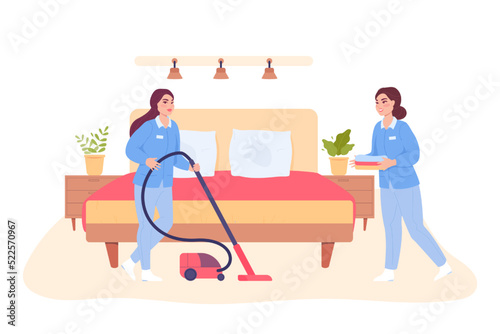 Housekeepers or hotel staff cleaning room. Professional maids or housemaid with vacuum cleaners in bedroom flat vector illustration. Hotel or cleaning service concept for banner or landing web page