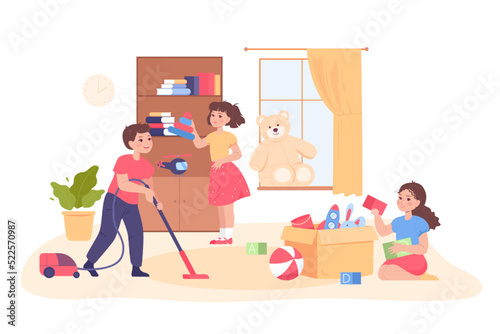 Cute children cleaning playroom together. Little kids making room tidy, girls sorting or arranging toys, boy with vacuum cleaner flat vector illustration. Childhood, household concept for banner