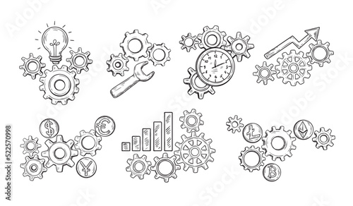 Hand drawn gear. Idea light bulb, financial mechanism charts and time clock gears sketch vector set