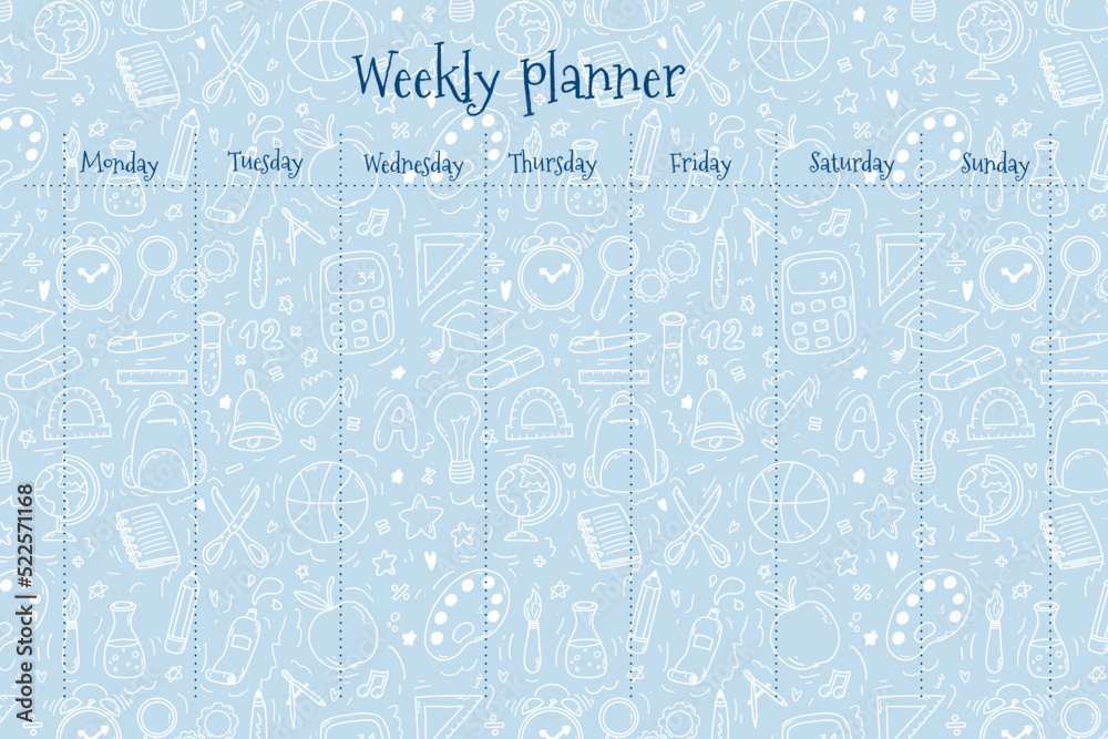 Weekly planner for kids on doodle blue background with school supplies items. Colorful vector illustration for stationary, schedule, list, school timetable, extracurricular activities
