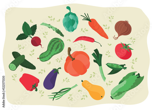 vector vegetables icon set isolated on green background. vector illustration