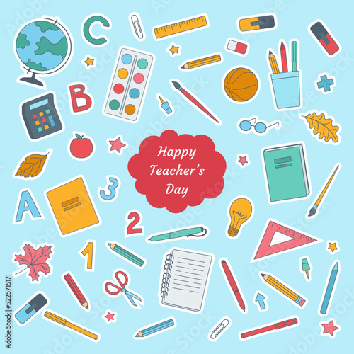Teacher's Day. Fun greeting card banner with school supplies. Cute colorful flat cartoon vector illustration.