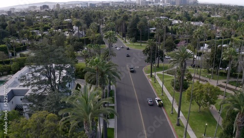 Aerial Slow Motion Forward Shot Of Roads Amidst Tall Palm Trees In City Against Sky -  Beverly Hills, California