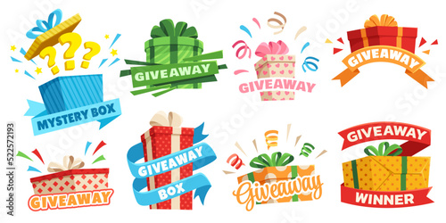 Giveaway labels. Mystery box prize, surprise package with giveaway lettering and gift box vector Illustration set